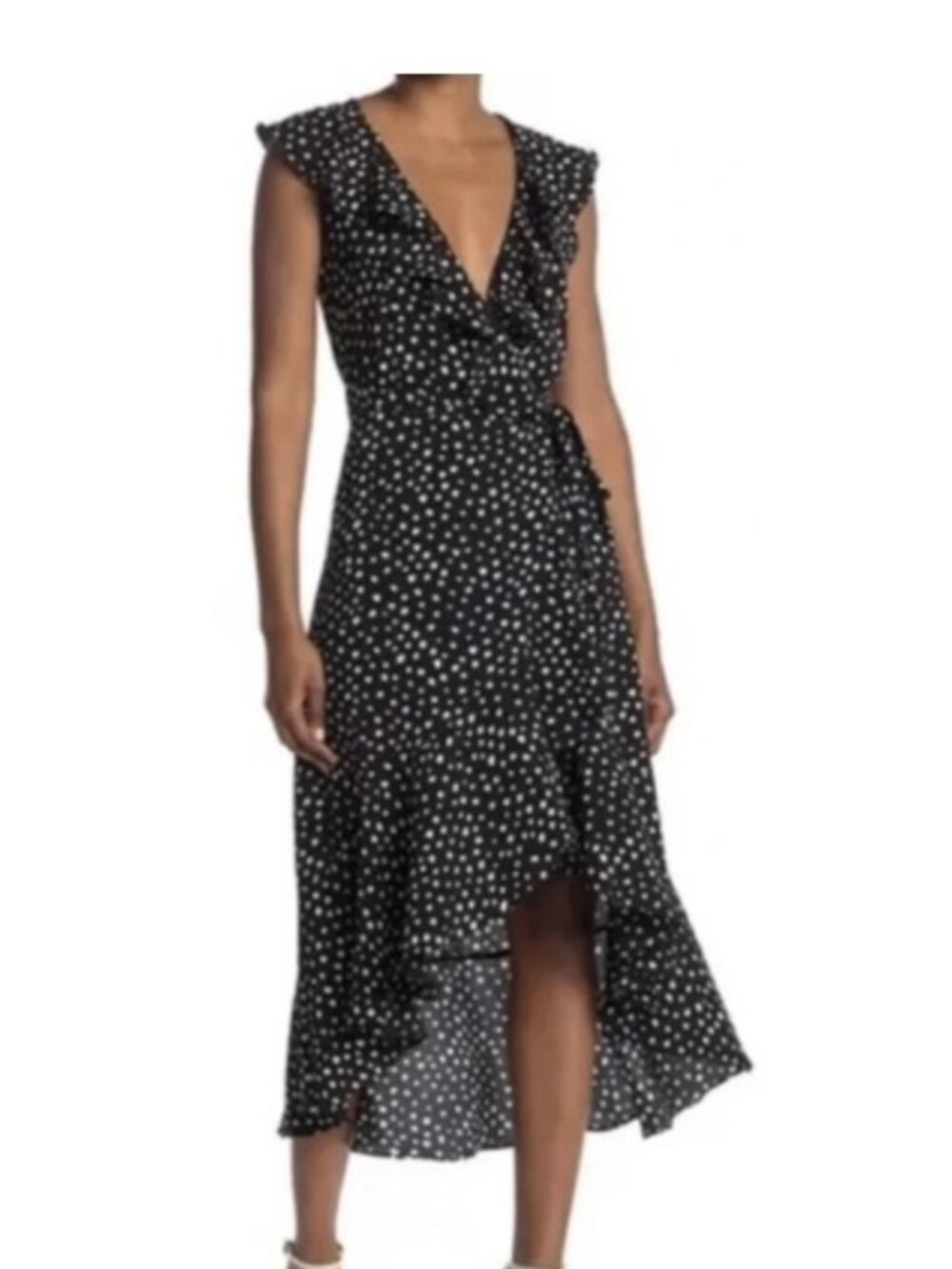 MAX STUDIO Wrap Dress Midi Black Spotted Flutter Sleeve V Neck Tied